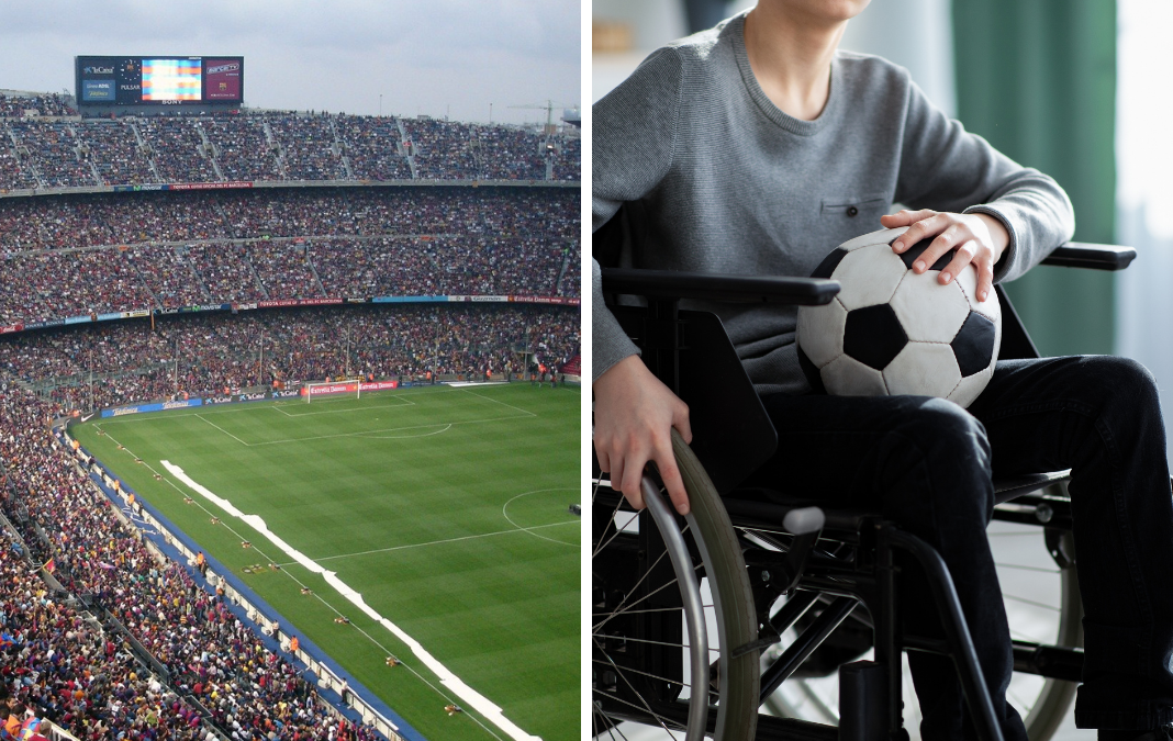 Cancha de fútbol y gradas | Personas en silla de ruedas con una pelota de fútbol