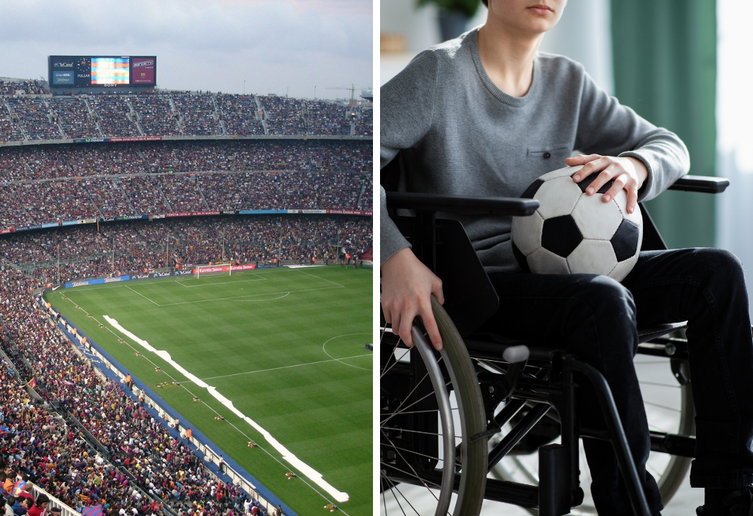 Cancha de fútbol y gradas | Personas en silla de ruedas con una pelota de fútbol