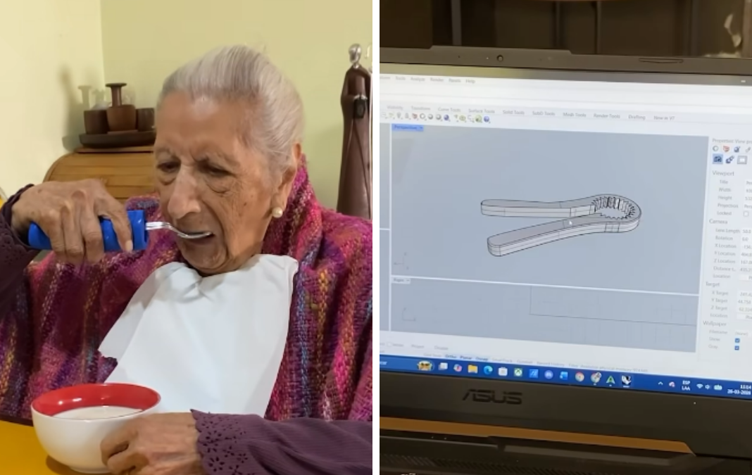 Mujer mayor comiendo con cuchara adaptada y al lado un computador con el diseño de un utensilio