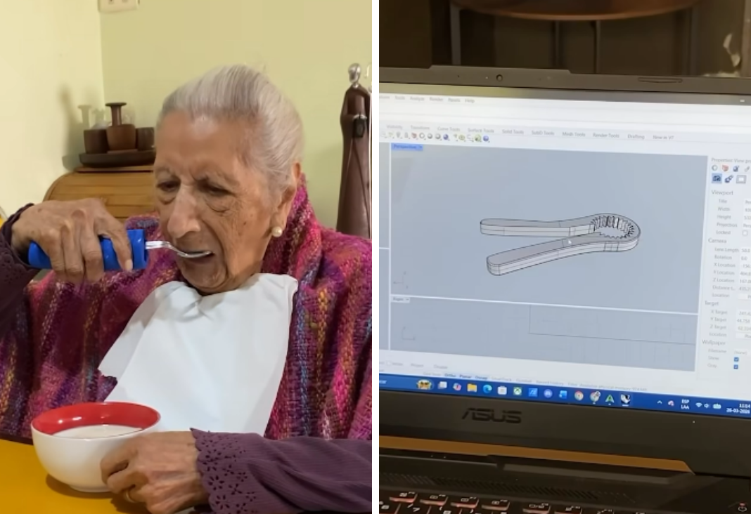 Mujer mayor comiendo con cuchara adaptada y al lado un computador con el diseño de un utensilio