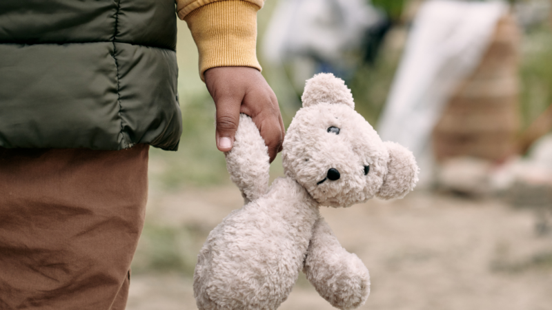 Mano de un niño sujetando un oso de peluche