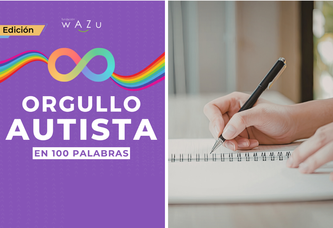 Afiche Concurso Orgullo autista en 100 palabras y una mano escribiendo en una cuadernocon un lápiz