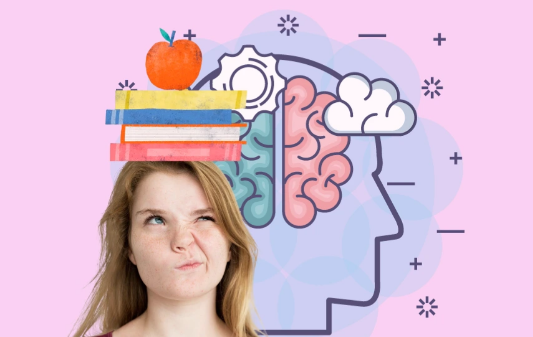 Mujer mirando para arriba junto a ilustraciones de libros, manzana y cerebro