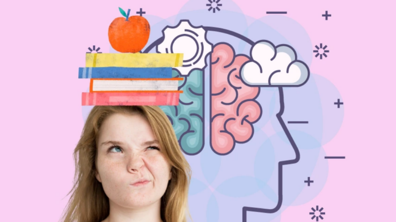 Mujer mirando para arriba junto a ilustraciones de libros, manzana y cerebro