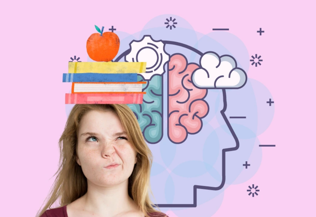 Mujer mirando para arriba junto a ilustraciones de libros, manzana y cerebro