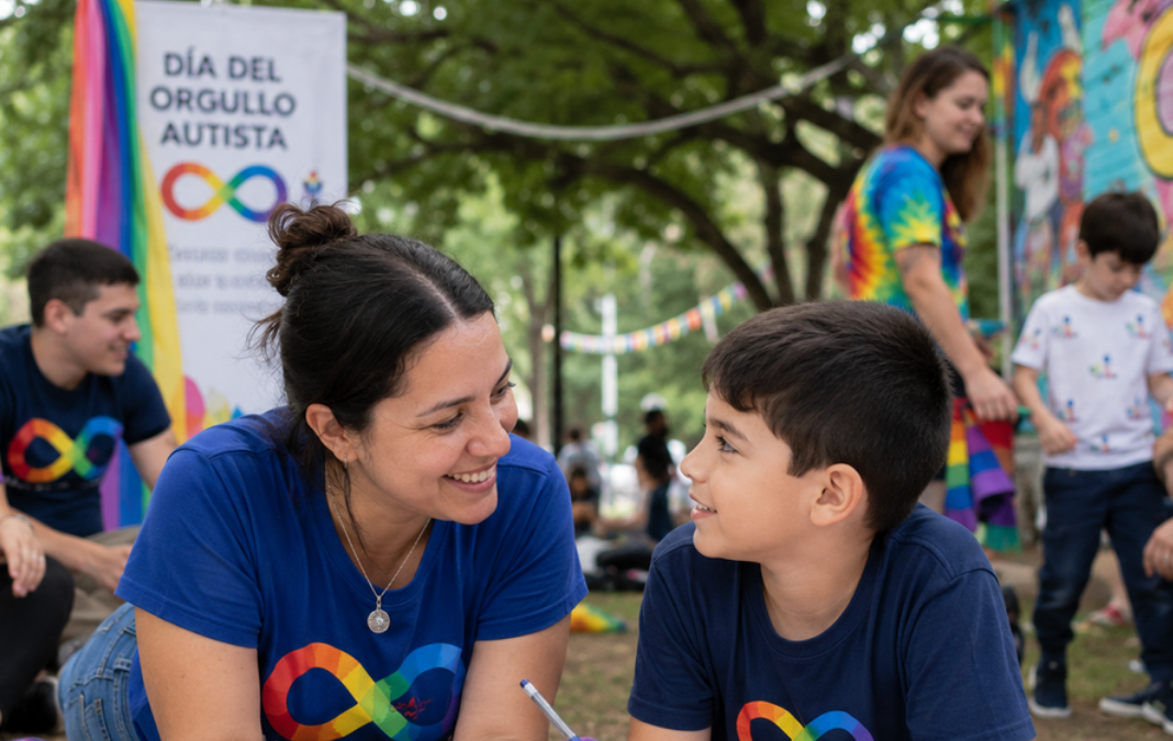 Una mujer y un niño con poleras del orgullo autista