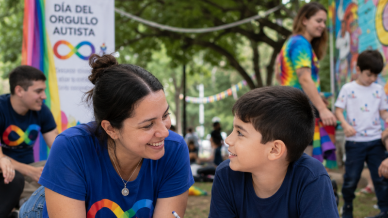 Una mujer y un niño con poleras del orgullo autista