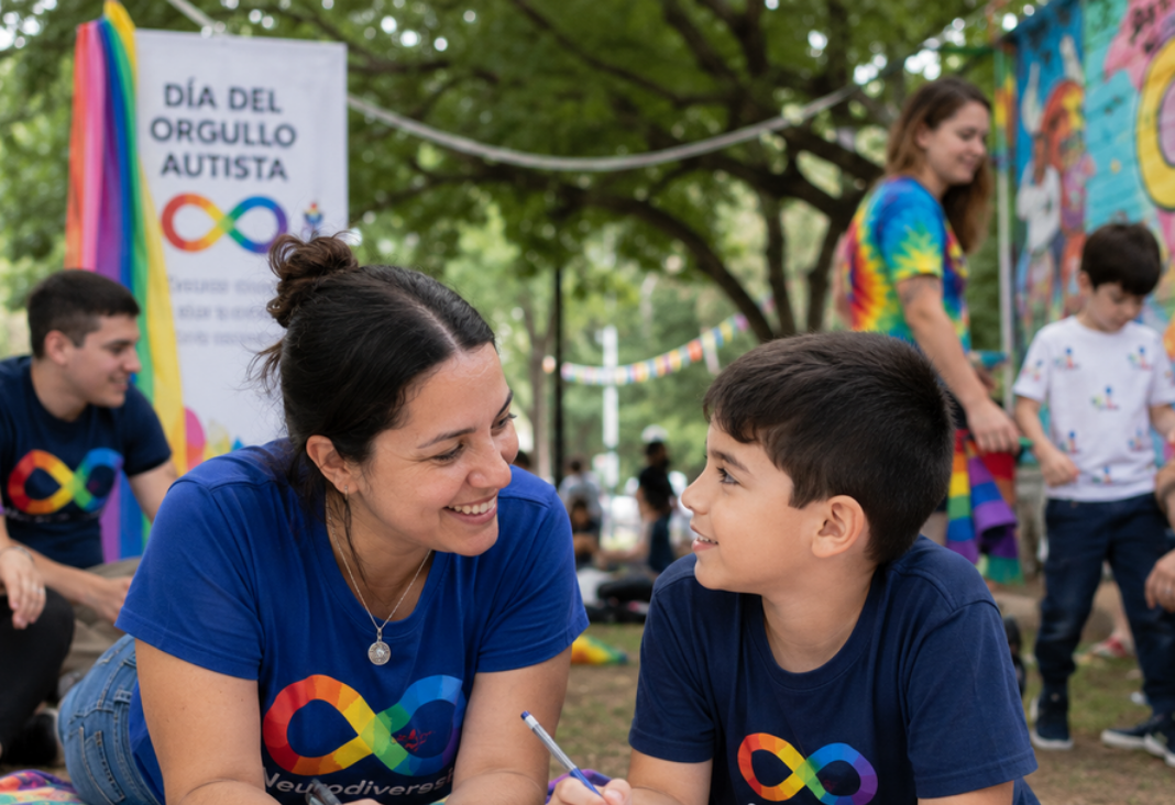 Una mujer y un niño con poleras del orgullo autista