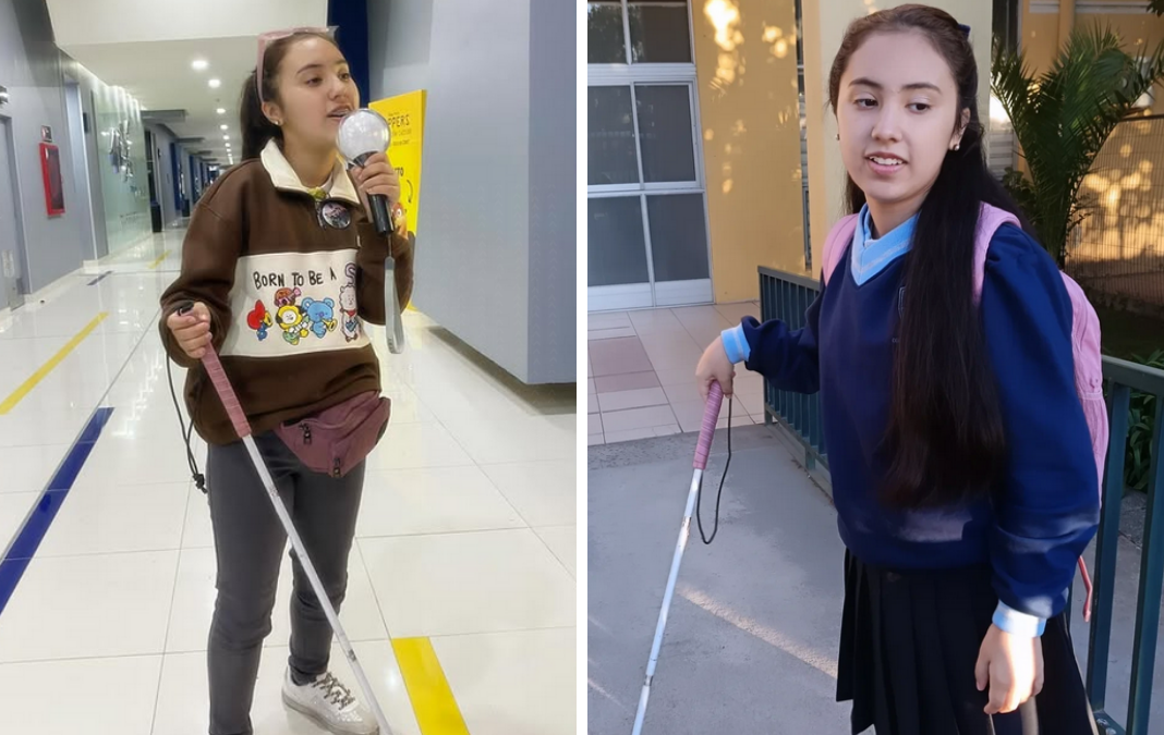 Joven con bastón blanco en el cine y fuera de una escuela
