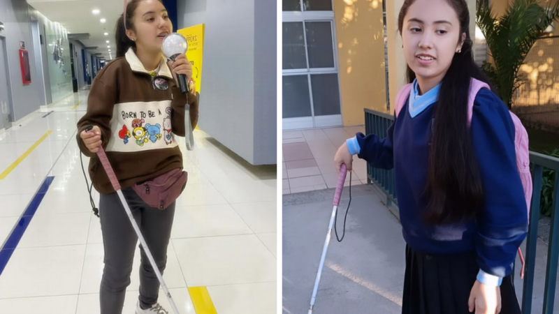 Joven con bastón blanco en el cine y fuera de una escuela