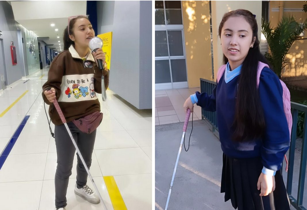 Joven con bastón blanco en el cine y fuera de una escuela