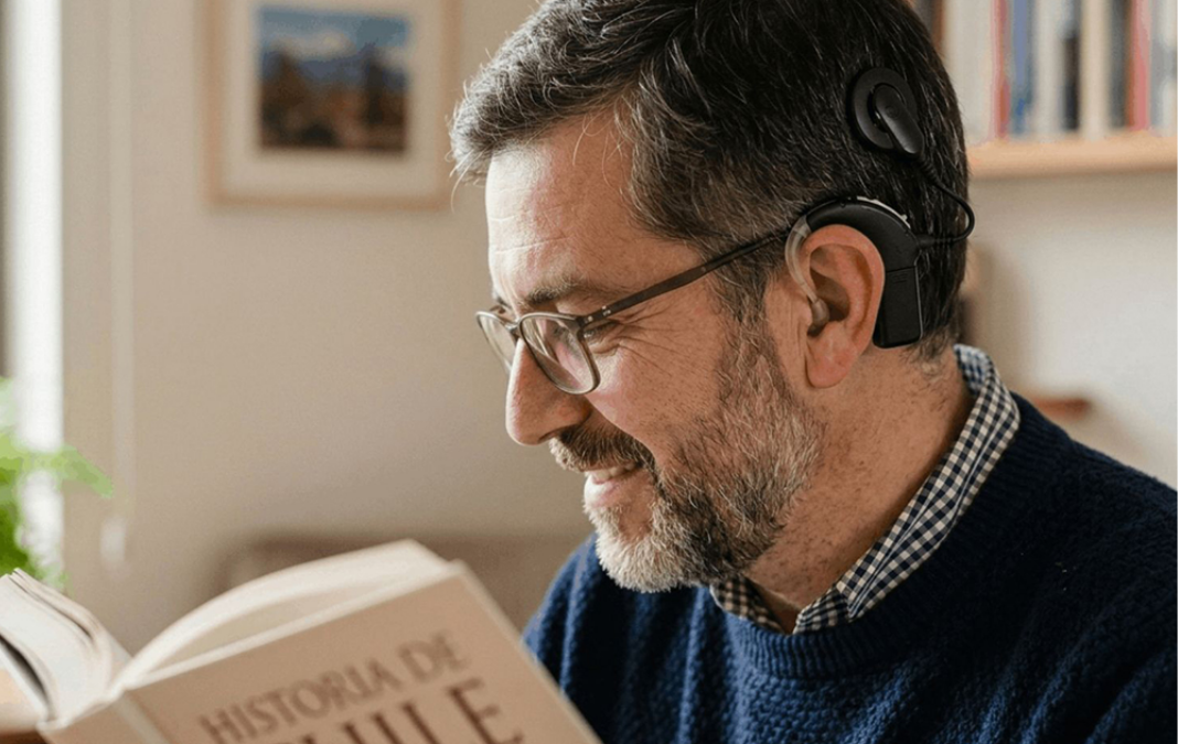 Hombre con implante coclear leyendo un libro