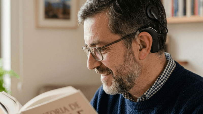 Hombre con implante coclear leyendo un libro