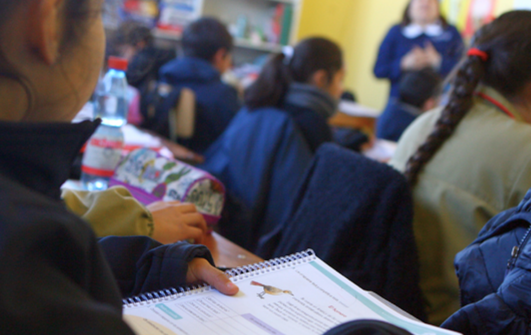 Niña de perfil con un libro en su mano y de fondo sus compañeros en la sala de clases