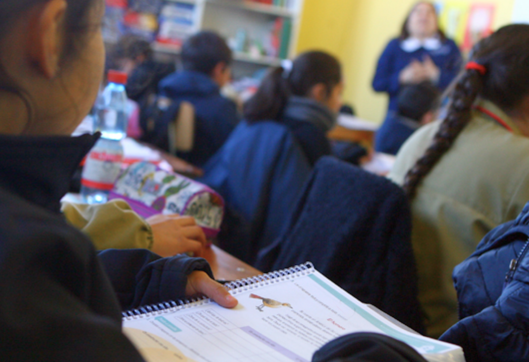 Niña de perfil con un libro en su mano y de fondo sus compañeros en la sala de clases