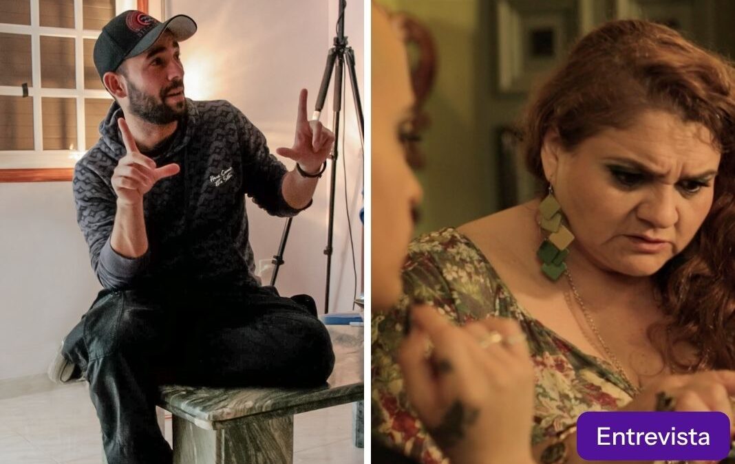 Imagen de hombre haciendo encuadre con las manos y una mujer viendo un celular