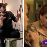 Imagen de hombre haciendo encuadre con las manos y una mujer viendo un celular