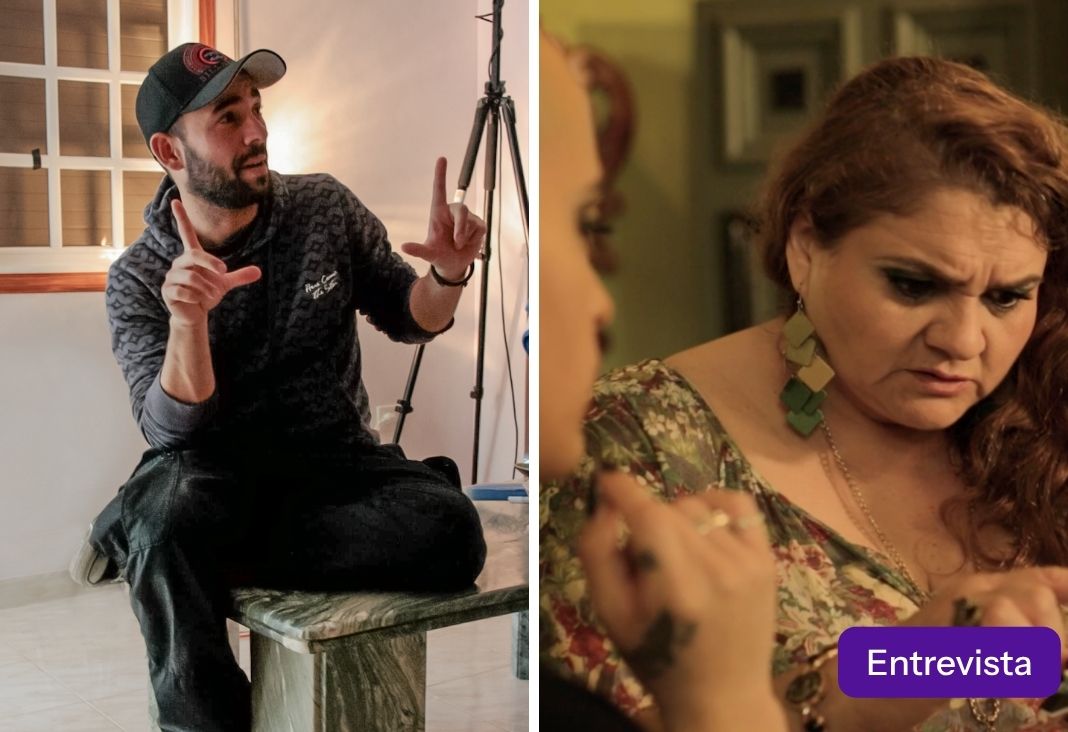 Imagen de hombre haciendo encuadre con las manos y una mujer viendo un celular