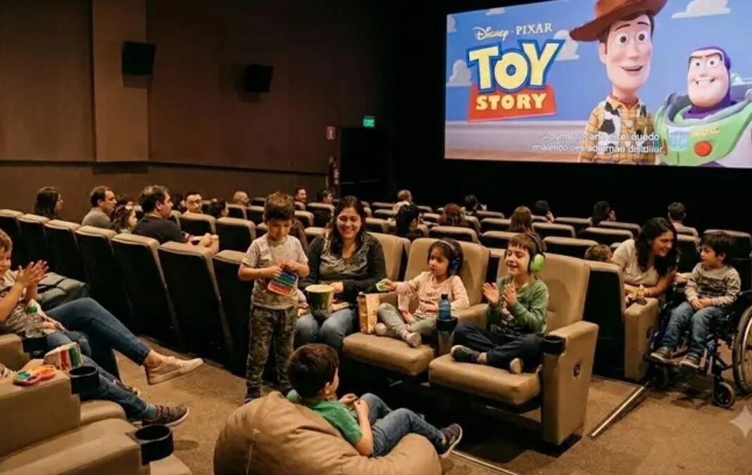 Diversas personas adultas e infantes en una sala de cine y en la pantalla imagen de la película Toy Story