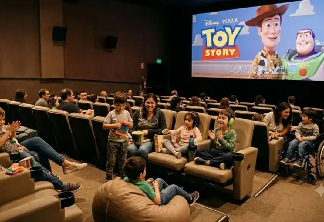 Diversas personas adultas e infantes en una sala de cine y en la pantalla imagen de la película Toy Story