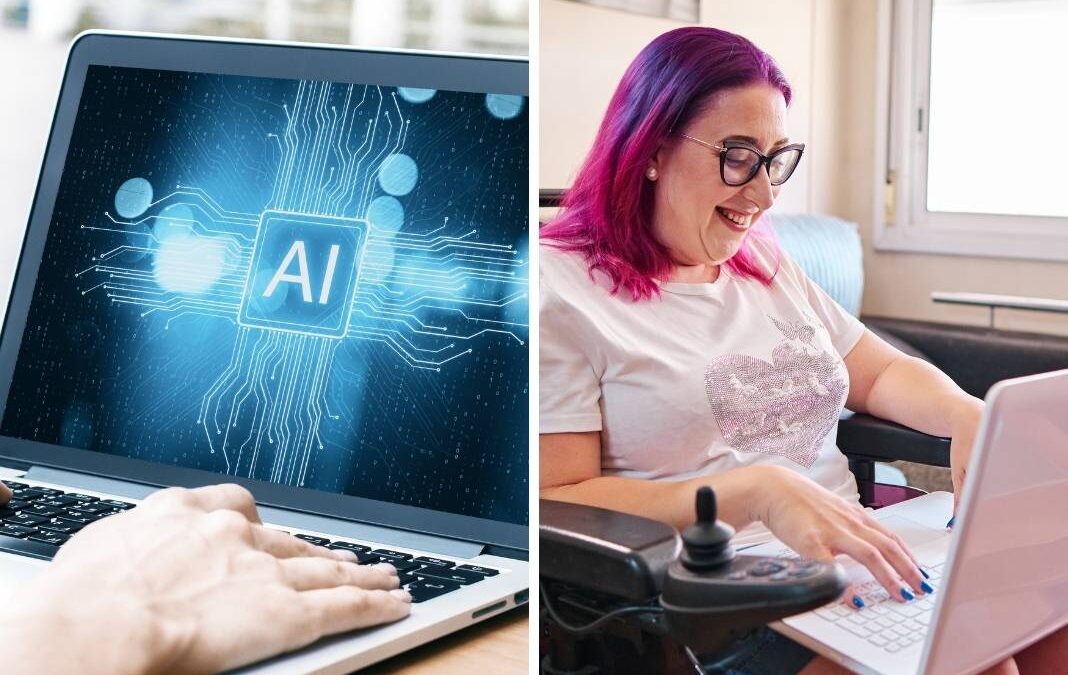 Notebook con pantalla de AI y mujer en silla de ruedas en un notebook