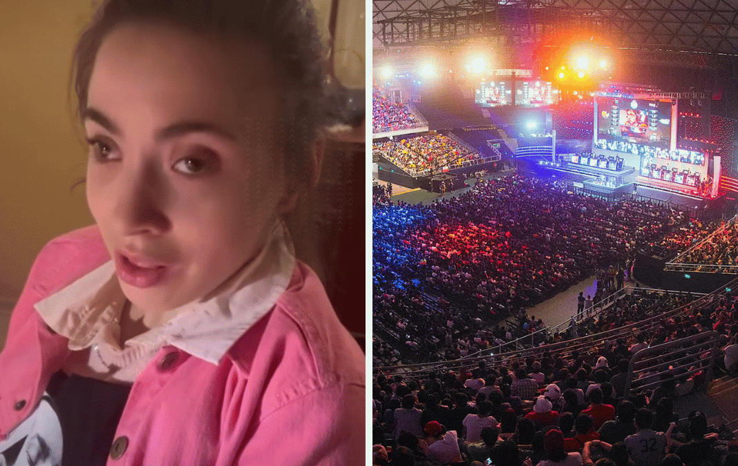 Mujer hablando a la cámara e imagen de público en concierto