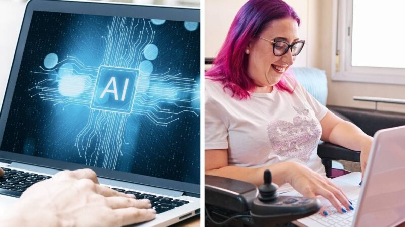 Notebook con pantalla de AI y mujer en silla de ruedas en un notebook