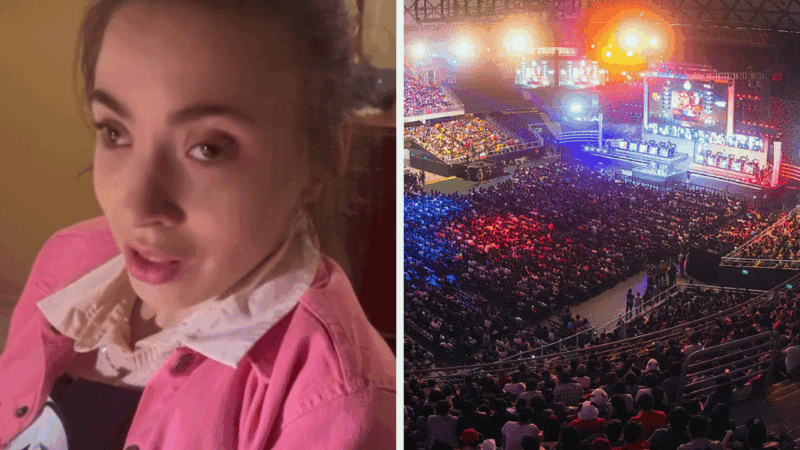 Mujer hablando a la cámara e imagen de público en concierto