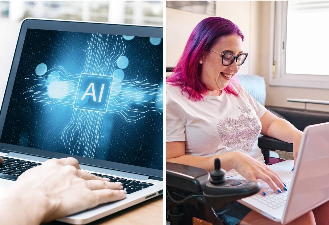 Notebook con pantalla de AI y mujer en silla de ruedas en un notebook