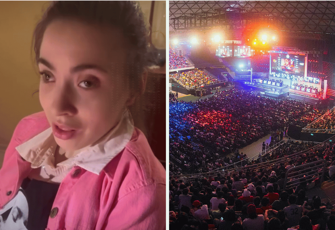 Mujer hablando a la cámara e imagen de público en concierto
