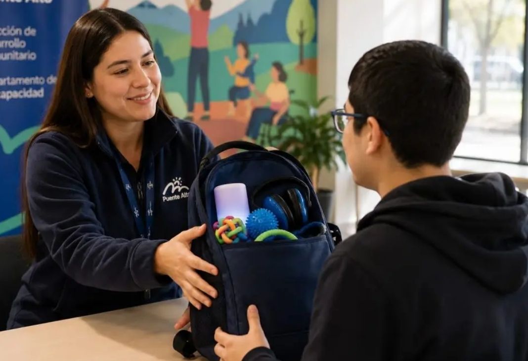 Mujer entregando una mochila con diversos objetos a un joven