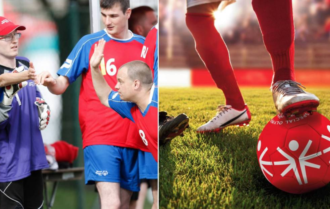 Imagen de futbolistas de equipos unificados y pie de futbolista sobre un balón
