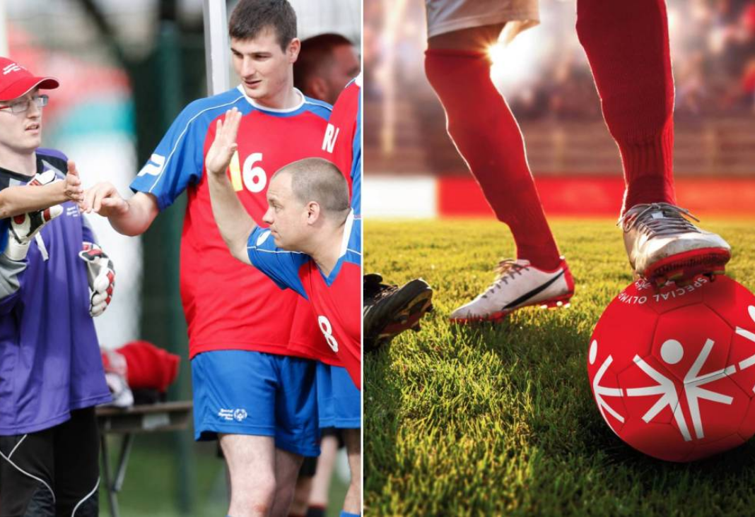 Imagen de futbolistas de equipos unificados y pie de futbolista sobre un balón