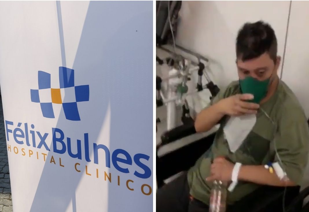 Pendón hospital félix bulnes | hombre sentado con mascarilla