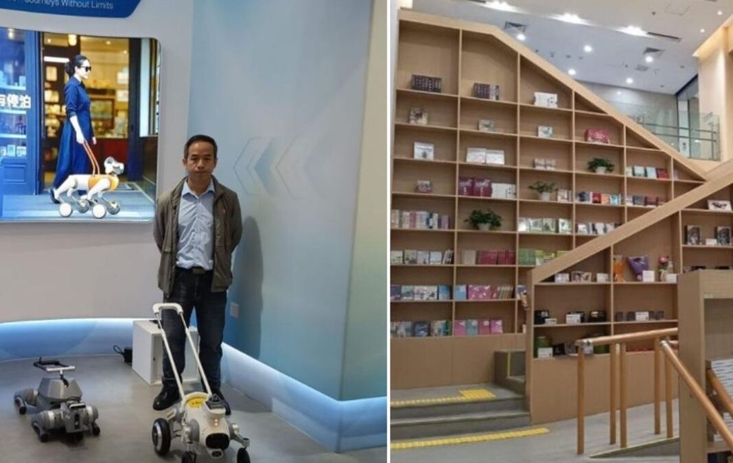 Persona mostrando unos perros lazarillos robots y biblioteca con accesibilidad universal