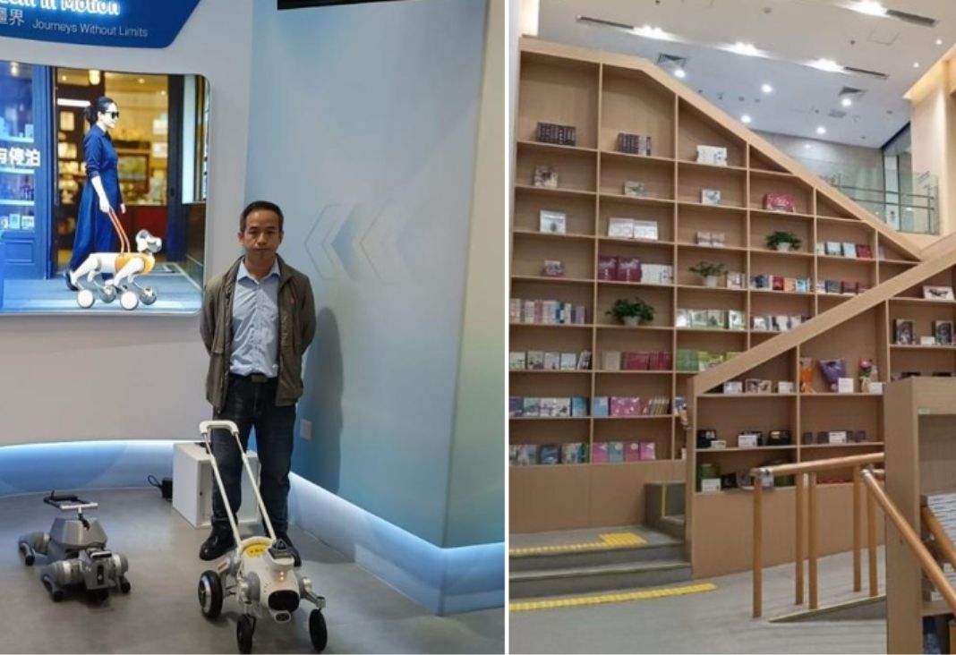 Persona mostrando unos perros lazarillos robots y biblioteca con accesibilidad universal
