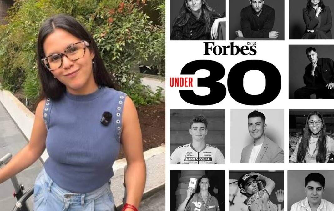 Joven con discapacidad física sonriendo a la cámara y portada revista Forbes Chile