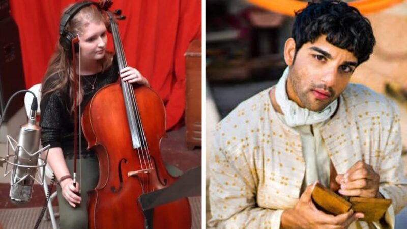 Joven leyendo partitura con un chelo en la mano y persona mate serie The Chosen