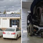 Frontis de un liceo y estudiante en silla de ruedas eléctrica