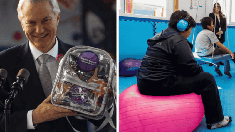 presidente kast y niños de espaldas con audífonos sobre una pelota