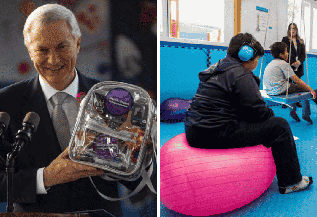 presidente kast y niños de espaldas con audífonos sobre una pelota