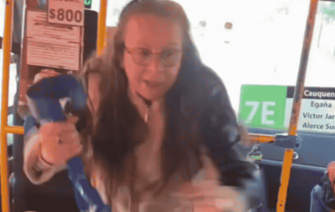 mujer mayor con muleta dentro de una micro