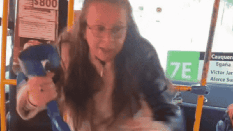 mujer mayor con muleta dentro de una micro