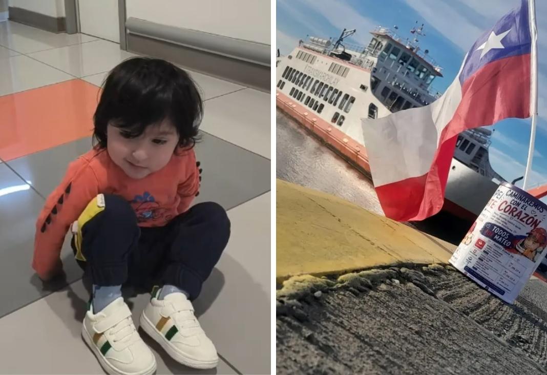 Niño sentado en el piso y transbordador de Chiloé