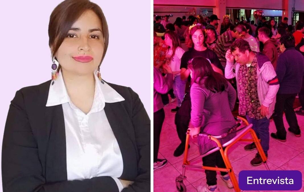 Mujer mirando a la cámara y personas con discapacidad en una fiesta