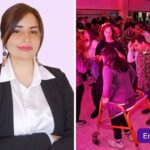 Mujer mirando a la cámara y personas con discapacidad en una fiesta