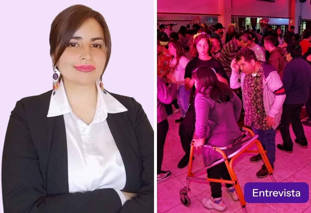 Mujer mirando a la cámara y personas con discapacidad en una fiesta