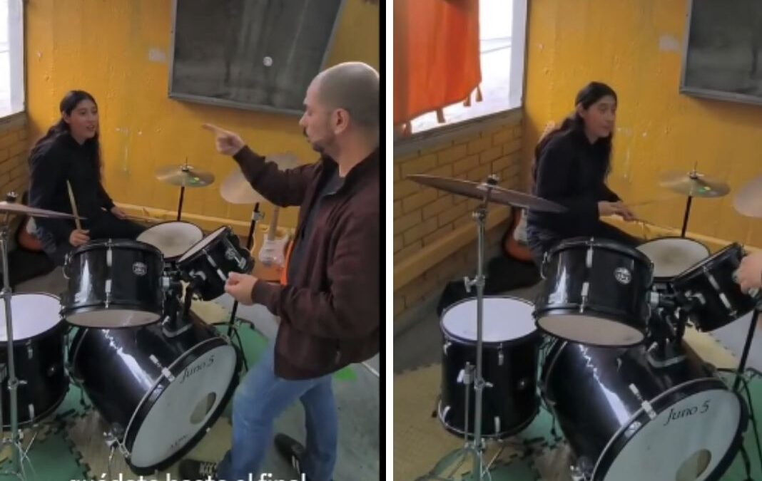 Capturas de pantalla de video de profesor enseñando batería a una estudiante sorda