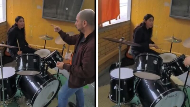 Capturas de pantalla de video de profesor enseñando batería a una estudiante sorda