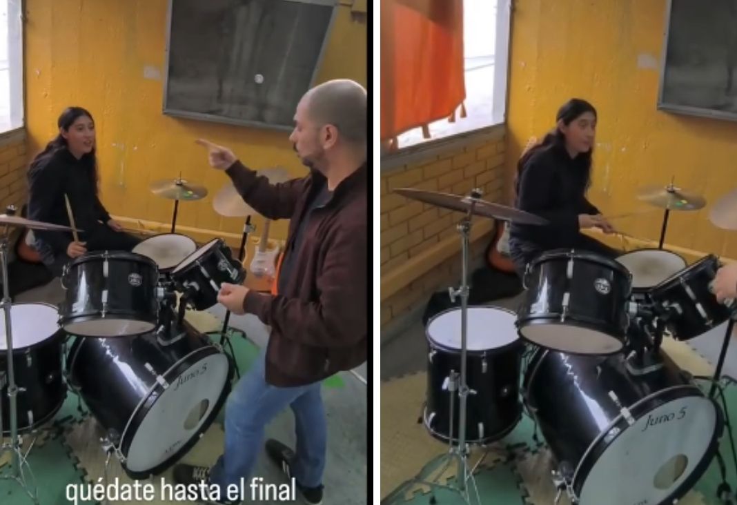 Capturas de pantalla de video de profesor enseñando batería a una estudiante sorda